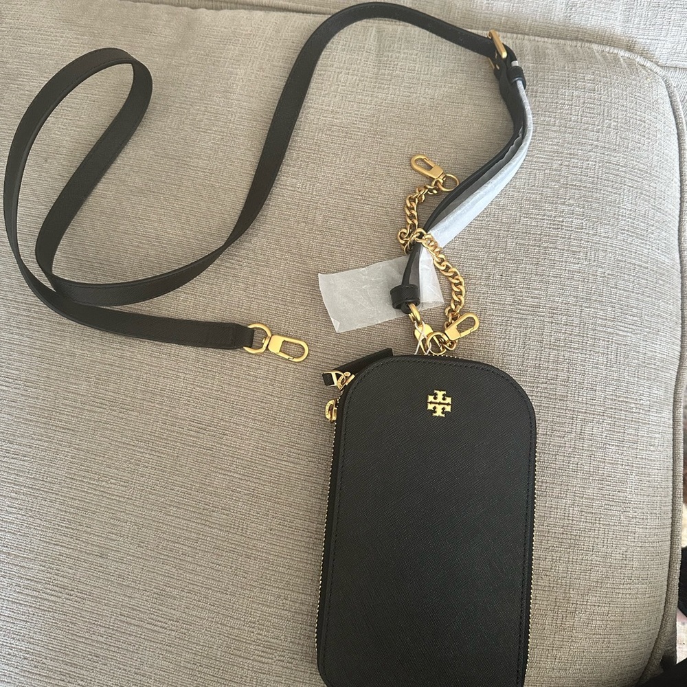 Tory Burch black crossbody phone case with wallet. Never used! Gold hardware
